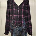 Black Rainn  - Roll Tab Sleeve V Neck Pullover Blouse Purple Black Plaid - Medium Photo 1