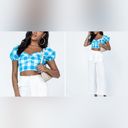 Princess Polly  BRAESIDE TOP gingham plaid BLUE crop shirt puff sleeve Colton top Photo 1