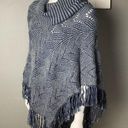 BCBG MaxAzria poncho sweater turtle funnel neck fringe denim blue grey one size Photo 0