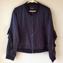 Guess  Biella Ruffle Bomber Jacket Sz Medium Shiny Black Zip Front Feminine Photo 0