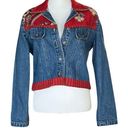 Vintage 90s Denim Jacket with Red Bandana Pattern Panels. 100% Cotton. Medium. Blue Photo 0