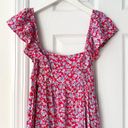 ZARA  Red Blue Floral Ruffle Shoulder Crepe Midi Tunic Prairie Dress Medium Photo 13