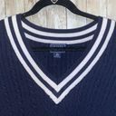 CHAPS  Classic Naby Blue Cable Knit Sweater with White Trim 3/4 Sleeves Photo 5