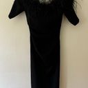 XScape  Feather Black Trim Off The Shoulder Scuba Sheath Midi Dress Size 6 Photo 0