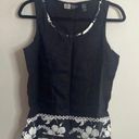 Oleg Cassini Linen Blend Black and White Floral Trim Sleeveless Top Photo 0