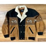 Vintage Leather Bomber Jacket L Western Horse Rider Sherpa Collar Wool Coat Black Size L Photo 1