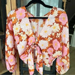 Lulus tie front bow top long sleeve vneck floral rust pink lush batwing balloon Photo 1