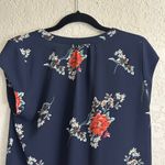 Fun 2 Fun Navy Blue Multicolor Small Floral Short Cap Sleeve Split V-Neck Blouse Photo 6