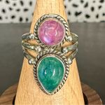 Sterling Silver Pink and Green Moonstone Two Stone Triple Band Ring Size 7 Photo 7