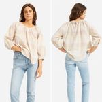 Everlane Blouse Ruched Air Toffee Plaid 6 Lightweight Neutral Minimalist Boho Photo 1