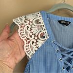 EXPRESS  Blue Striped Crochet Lace Cap Sleeve Lace Up V-Neck Top Small Photo 1