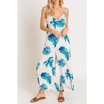 Lush Clothing Lush Ivory Jumpsuit Tropical Green and Blue Monsterra Leaves Small Flawed Photo 10