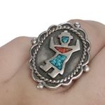 Sterling Silver Vtg Zuni  KACHINA? Inlay Crushed Turquoise Coral Women’s Ring 7.5 Photo 5
