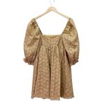 Storia  Puff Sleeve Mini Babydoll Dress Tan Floral Textured Square Neck Sz Small Photo 2