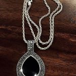 Onyx Vintage  Marcasite and Sterling Silver Tear Drop Shaped Pendant Necklace Photo 1