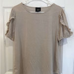 W5  Womens Top Size‎ L Beige Ruffle Sleeve Crew Neck Casual Blouse Photo 0