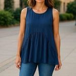 Diane Gilman -New DG2 Sleeveless Pleated Overlay Blouse Womens Plus L Navy Blue Photo 0