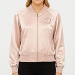 90s Vintage ACROBAT Womens Bomber Track Jacket Pink Silk Zip Up Rhinestone "D" Photo 0