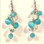American Vintage Beaded Dangle Drop Earrings Teal Blue White Ball Bead Clusters French Hook Vtg Photo 1