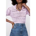 ZARA NEW  Pink Crochet Collared Tie Keyhole Open Knit Short Sleeve Sweater Top M Photo 1