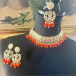 Elegant Gold and Orange Jewelry Set Polki Necklace Set Partywear Choker Set Photo 0