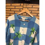 Talbots Blue White Checkered Palm Tree Embroidered Button Front Cardigan Size 2X Photo 2