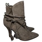 Schutz Women’s 8.5 Mouse Light Gray Fadhila Suede Tassel Wrap Heels Bootie Boots Photo 3