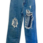 Womens High Rise Ripped Distressed Straight Leg Mom Jeans Blue Small Blue Photo 0