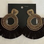 Elegant Black and Gold Fringe Drop Earrings, Oversized Bohemian Style Photo 0