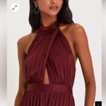 Lulu’s Confident Impression Burgundy Satin Pleated Halter Jumpsuit Size M Photo 2