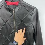Vintage Mossimo Black Quilted Leather S Jacket Diamond pattern zip up red lining Photo 14