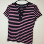 CHAPS  Classics Striped‎ Lace-Up T-Shirt Short Sleeve Casual Top Small Photo 0
