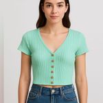 Forever 21 Mint Green Ribbed Button Front Short Sleeve Crop Top Size S Photo 0