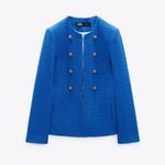 ZARA  Women Blue High Neck Double Breasted Textured Tailored Cotton Blazer Size M Photo 7
