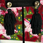 Black Tiered Tassel Fringe Drop Earrings with Crystal Rhinestone Button Posts Photo 3