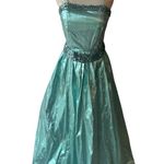 Vintage 70s 80s turquoise lame metallic turquoise sequin trimmed gown Small Blue Photo 1