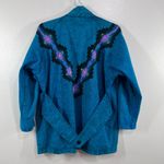 Sundance Vintage  Denim Jacket Southwestern Teal Aztec Print Acid Wash‎ USA Large Photo 1