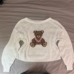Hollister  Small White Teddy Bear Lei Oversized One Shoulder Sweater, Loose Knit Photo 2