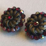 Vintage Aged Brass Tone AB Red CZ Rhinestone Round Clip On Earrings Photo 3