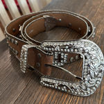 Nocona Leather Rhinestone, Hearts, Cross‎ Western Belt Size Large EUC Bling Brown Photo 0