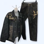 Y2K Royal Army Men Jacket & Jeans Set Baggy Hip Hop Skater Wings Cross Gothic Grunge Rhinestones Embroidered #2000s #Streetwear #Rare Black Size XXL Photo 0