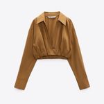 ZARA  Women Brown Long Sleeves Poplin Collared Pleated Casual Cotton Shirt Sz L Photo 2