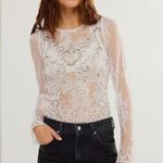 Free People NWOT Ready To Party Bodysuit White Embellished Lace Mesh Photo 0