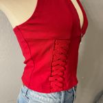 Cider  V-neck Halter Zipper Lace Up Top, Red, S Photo 1