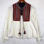 ZARA XS Embellished Red Embroidered White Cardigan Top Mirror PomPom Boho Beachy Photo 1