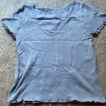 Planet Gold  Blue Ribbed V-Neck Ruffled Short Sleeve Photo 0