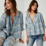 Free People  Oversized Bohemian Gauze Lucy Swing Top in Blue Plaid Size Large Photo 1