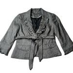 White House | Black Market Black Linen Blend Ruffle V Neck Belted Blazer Jacket 6 Photo 0