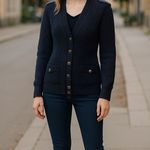 ZARA Women’s Preppy Nautical Knit Cardigan Medium Navy Gold Buttons Photo 0