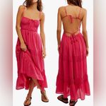 Free People NEW  Taking Sides Tiered Cotton Maxi rose bright pink Dress sz S Photo 1